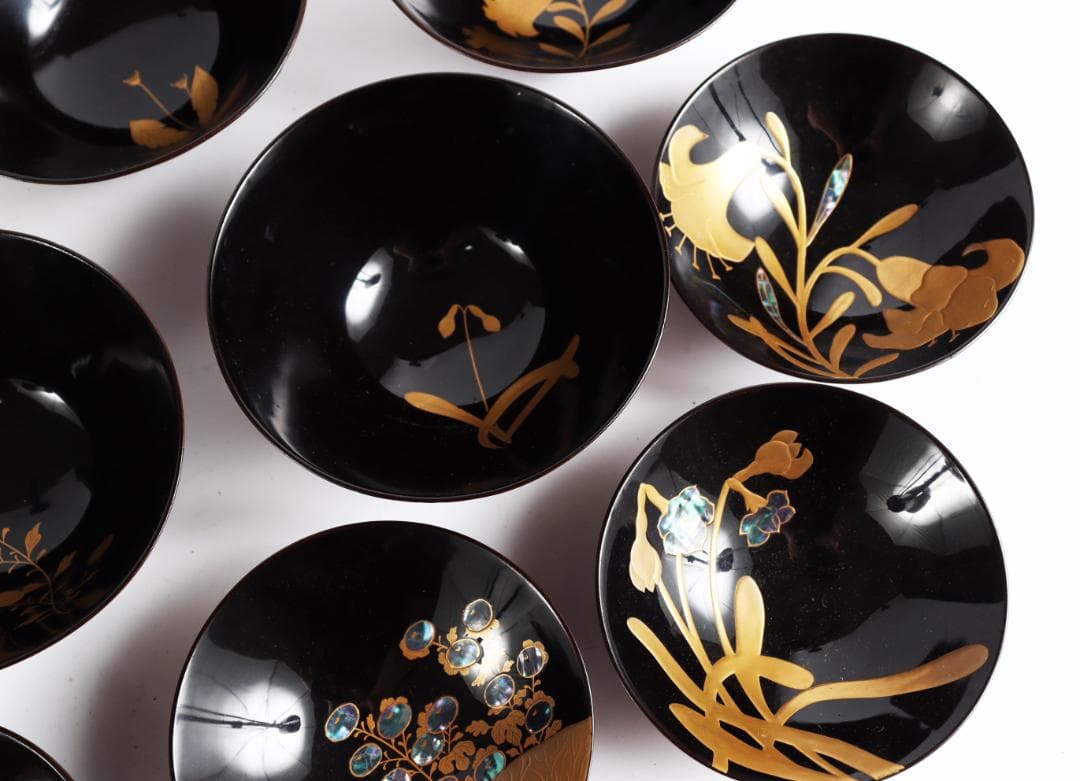 糸目 内梨地 螺鈿 花 図替 吸物椀 五客 蒔絵椀 懐石道具②