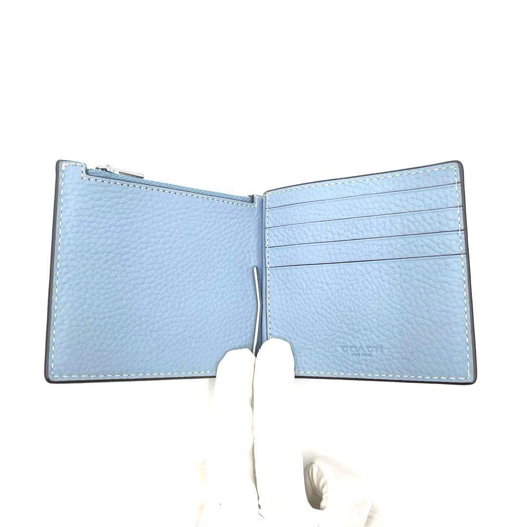 て*ー様 COACH マネークリップ ぺプルレザー ライトブルー コーチ　財布