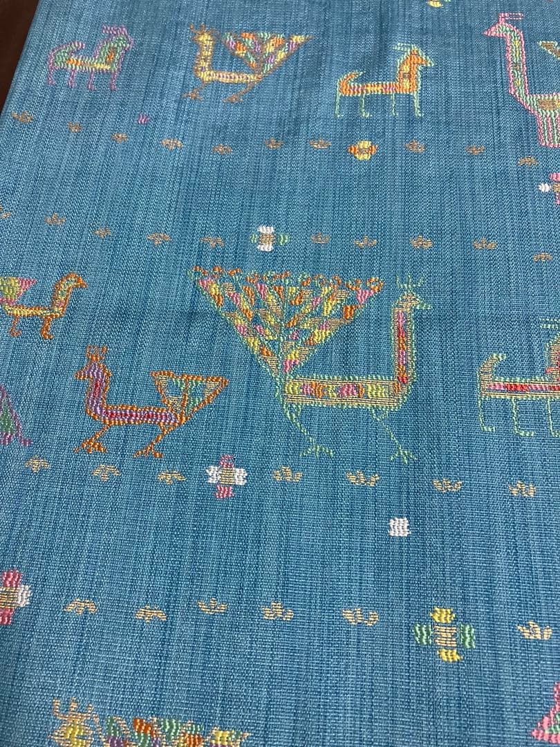 正絹　洒落袋帯 西陣織　異国情緒の可愛らしい動物文様／キリム調　青