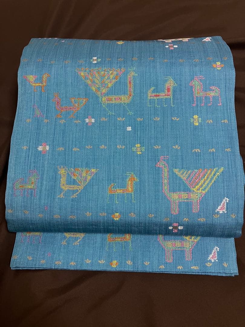 正絹　洒落袋帯 西陣織　異国情緒の可愛らしい動物文様／キリム調　青