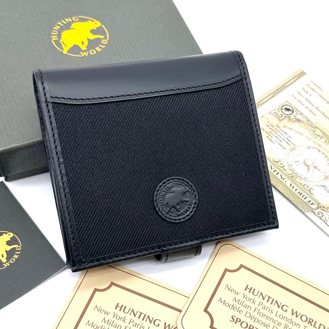 未使用✨ハンティングワールド 二つ折り財布 SAFARI 本革 キャンバス 黒