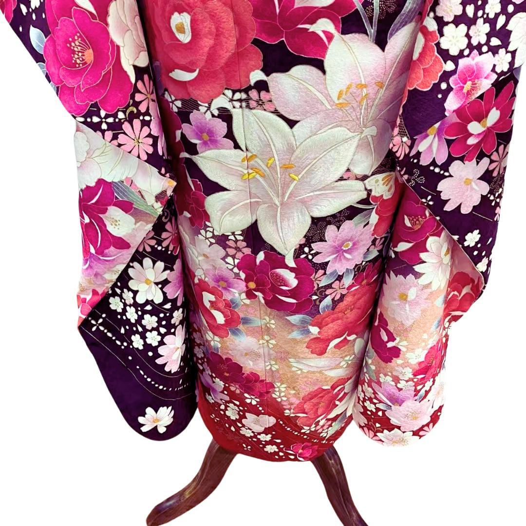 【超美品】 振袖セット 成人式 正絹 現代柄 ユリ 紫 *213 ●