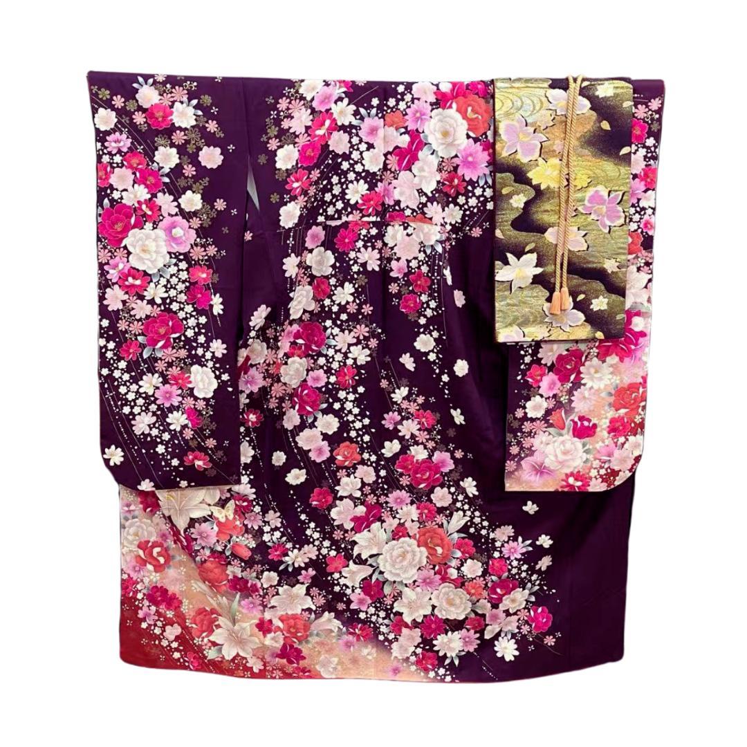 【超美品】 振袖セット 成人式 正絹 現代柄 ユリ 紫 *213 ●