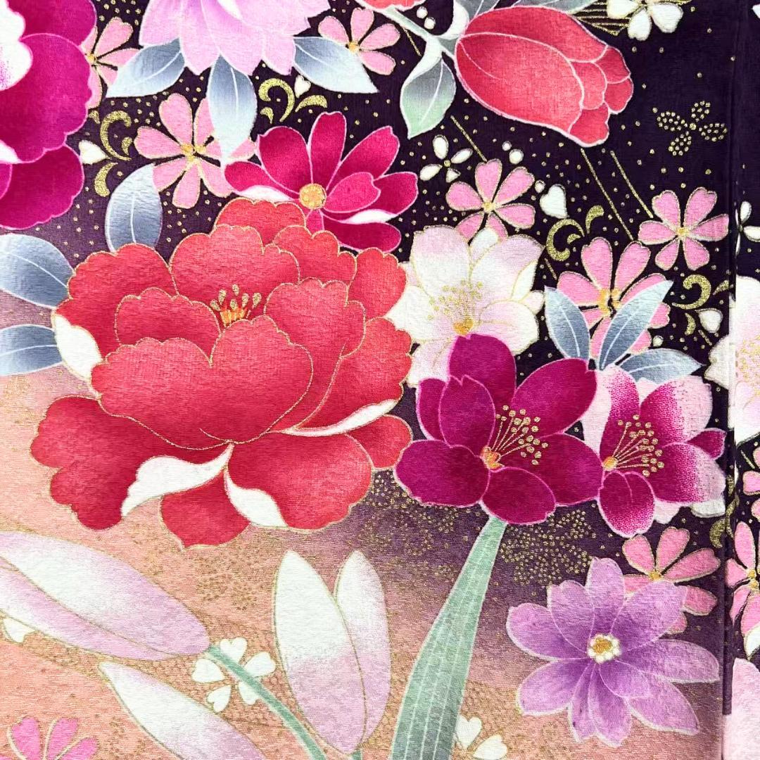 【超美品】 振袖セット 成人式 正絹 現代柄 ユリ 紫 *213 ●