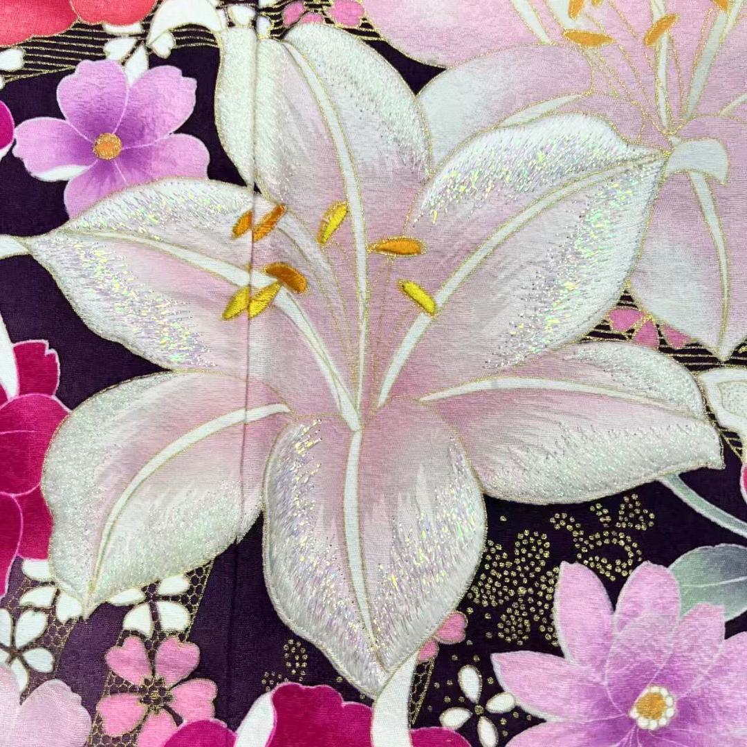 【超美品】 振袖セット 成人式 正絹 現代柄 ユリ 紫 *213 ●