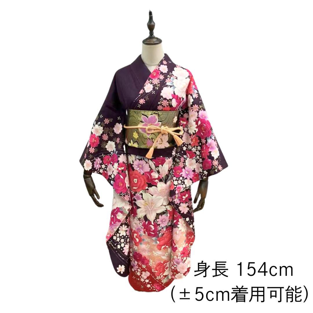 【超美品】 振袖セット 成人式 正絹 現代柄 ユリ 紫 *213 ●