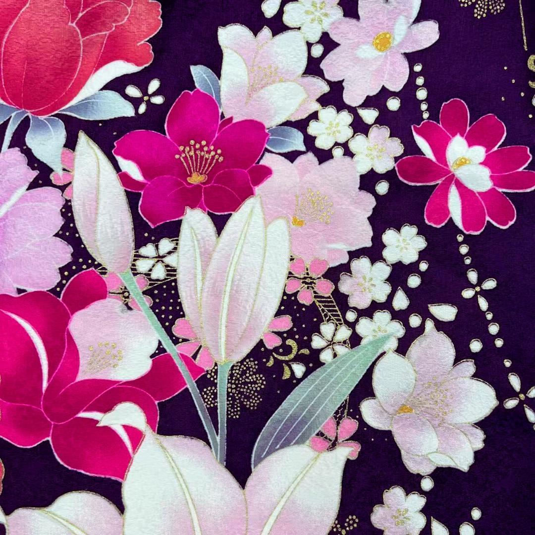 【超美品】 振袖セット 成人式 正絹 現代柄 ユリ 紫 *213 ●