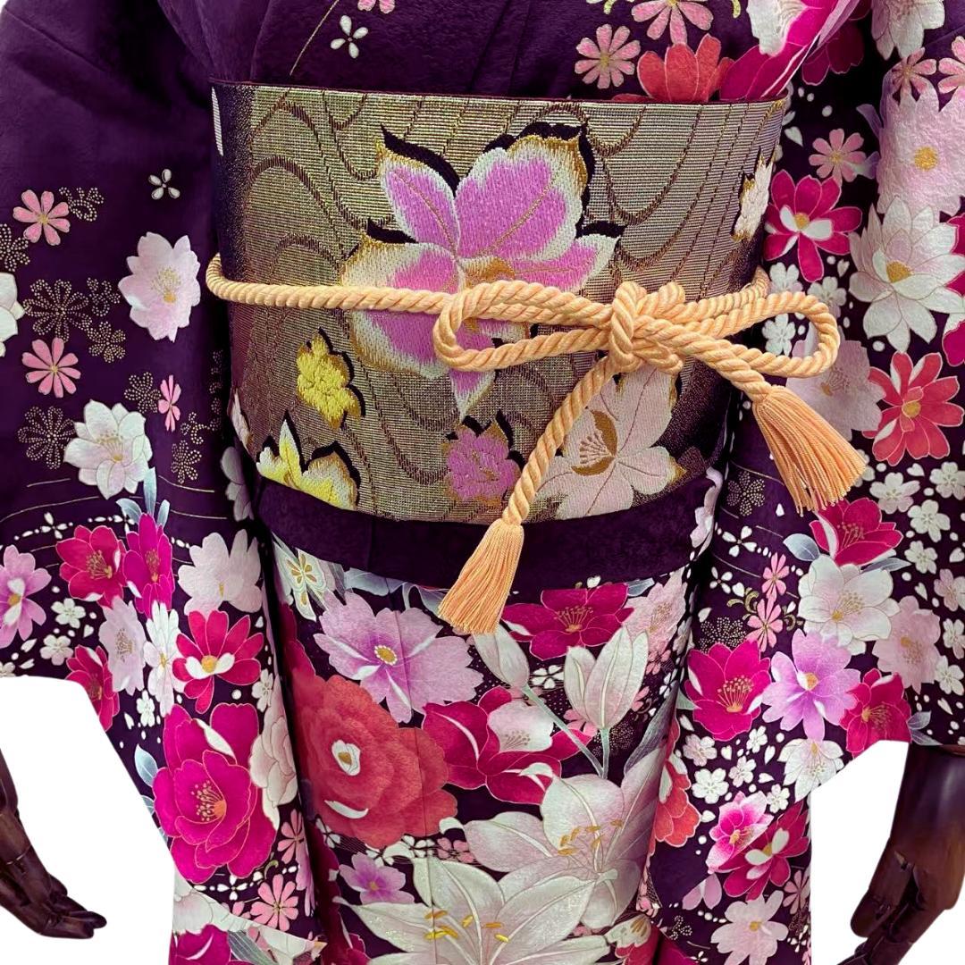 【超美品】 振袖セット 成人式 正絹 現代柄 ユリ 紫 *213 ●