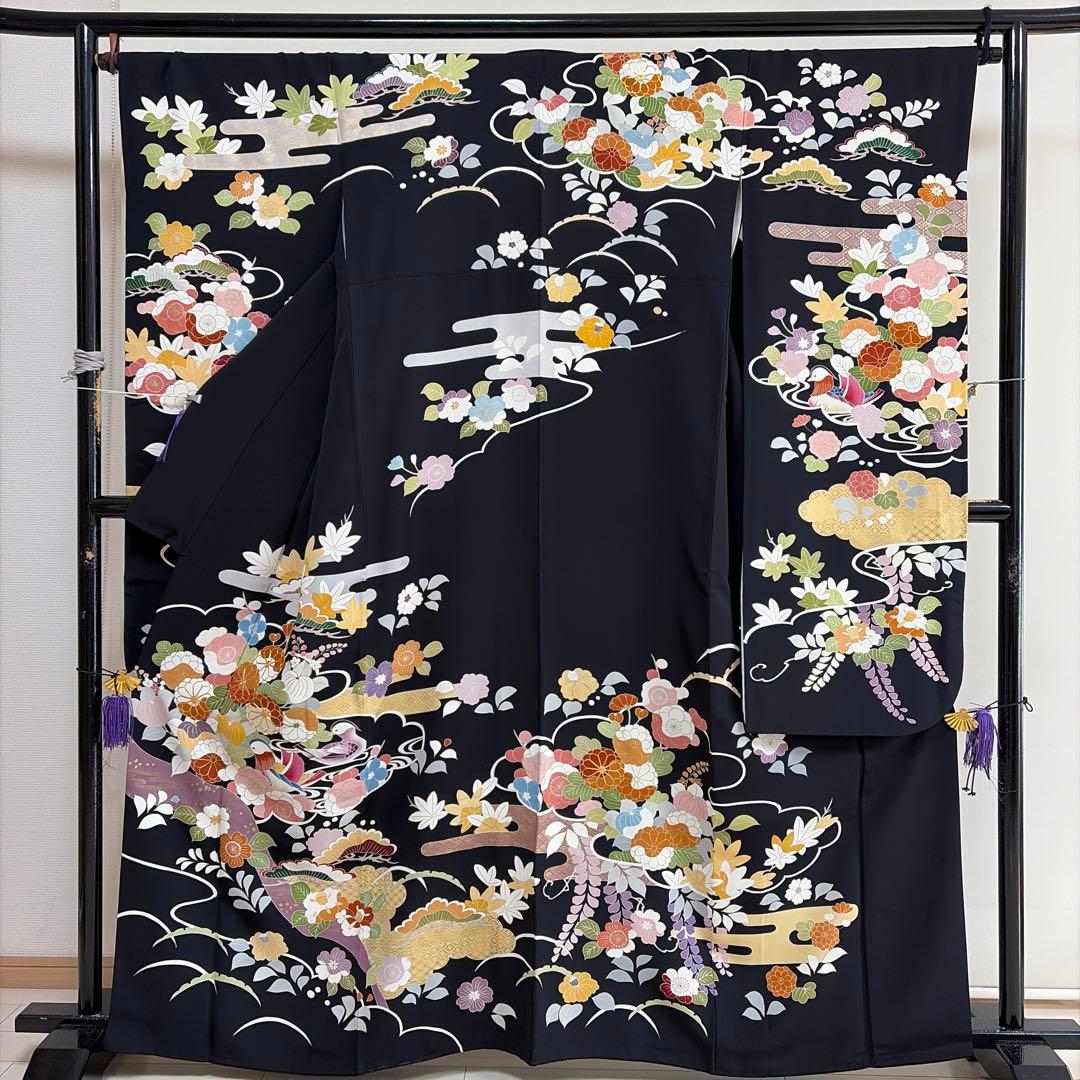 ■E5667■極美品■千總　落款　逸品　黒地　振袖　3点セット■丈161　裄69