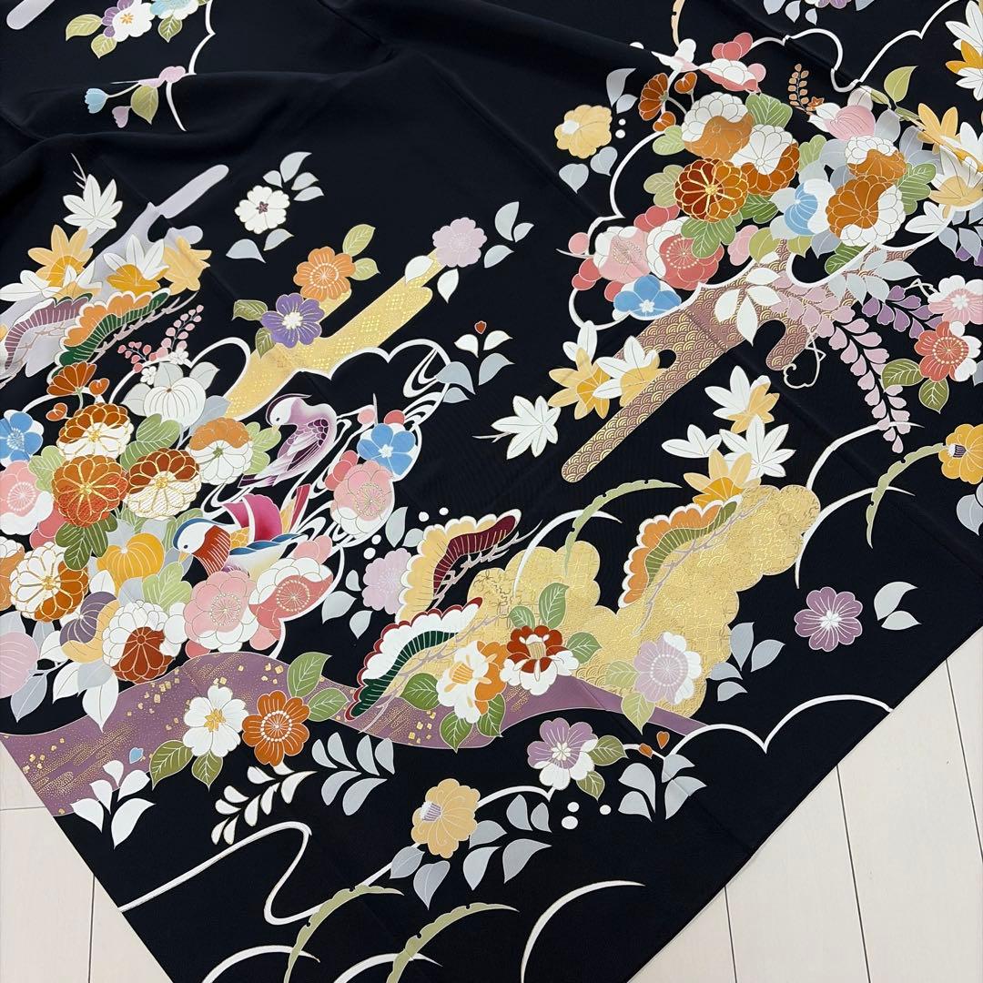 ■E5667■極美品■千總　落款　逸品　黒地　振袖　3点セット■丈161　裄69