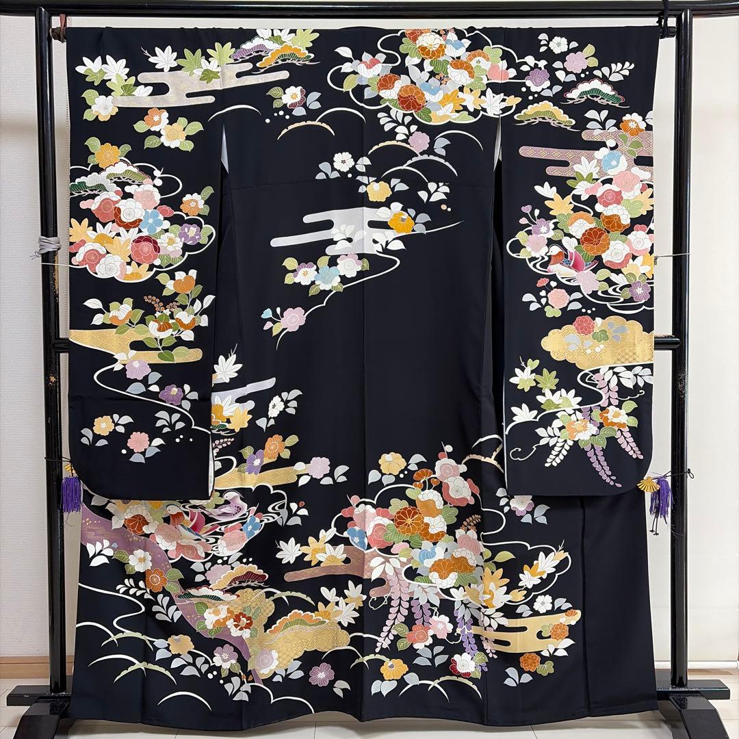 ■E5667■極美品■千總　落款　逸品　黒地　振袖　3点セット■丈161　裄69