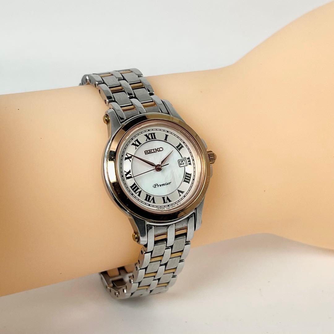 【稼働品】セイコー プルミエ コンビ デイト シェル文字盤 7N82-0GV0