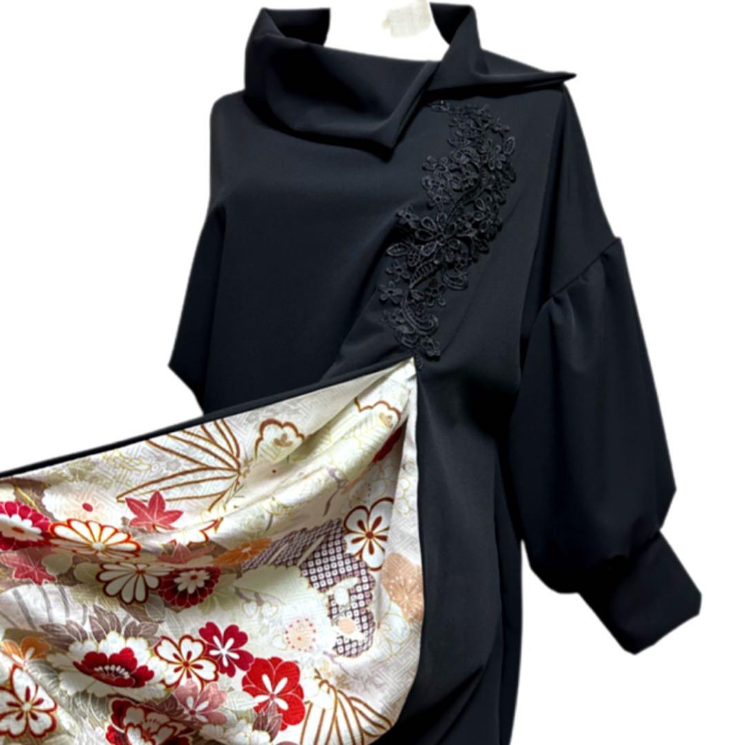 振袖　着物リメイク　ドレス　黒×松竹梅　和柄　ワンピース　ハンドメイド