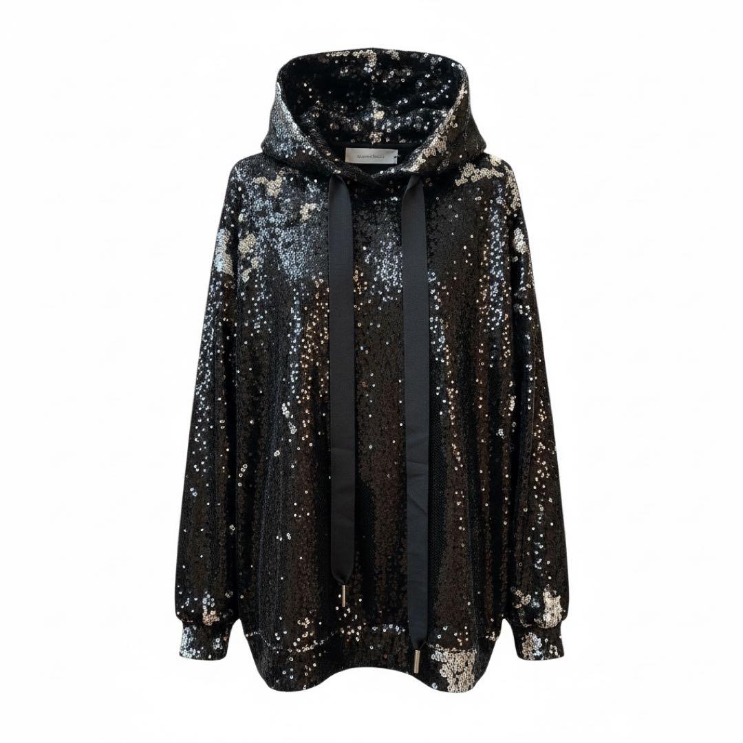 スパンコール フード付きパーカー ブラック