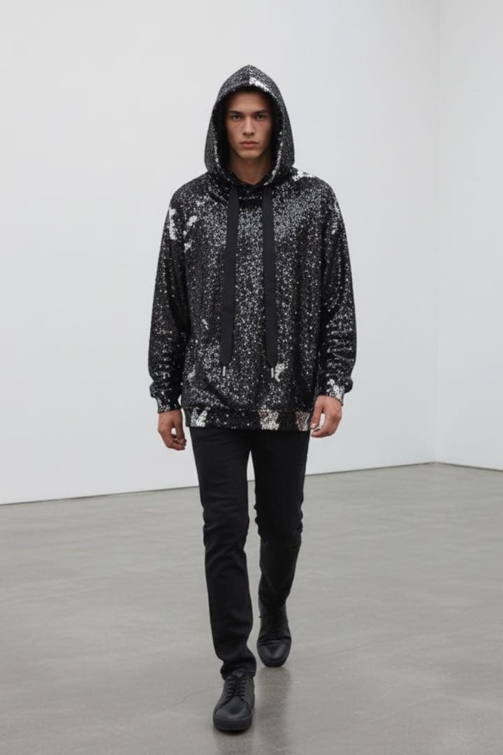 スパンコール フード付きパーカー ブラック