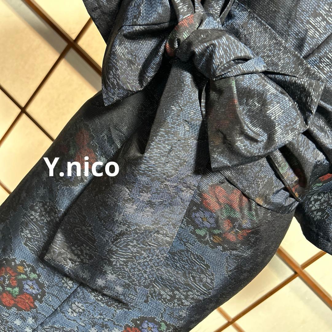 LL 着物リメイク 正絹 紺大島紬 フリル袖ゆったりワンピース