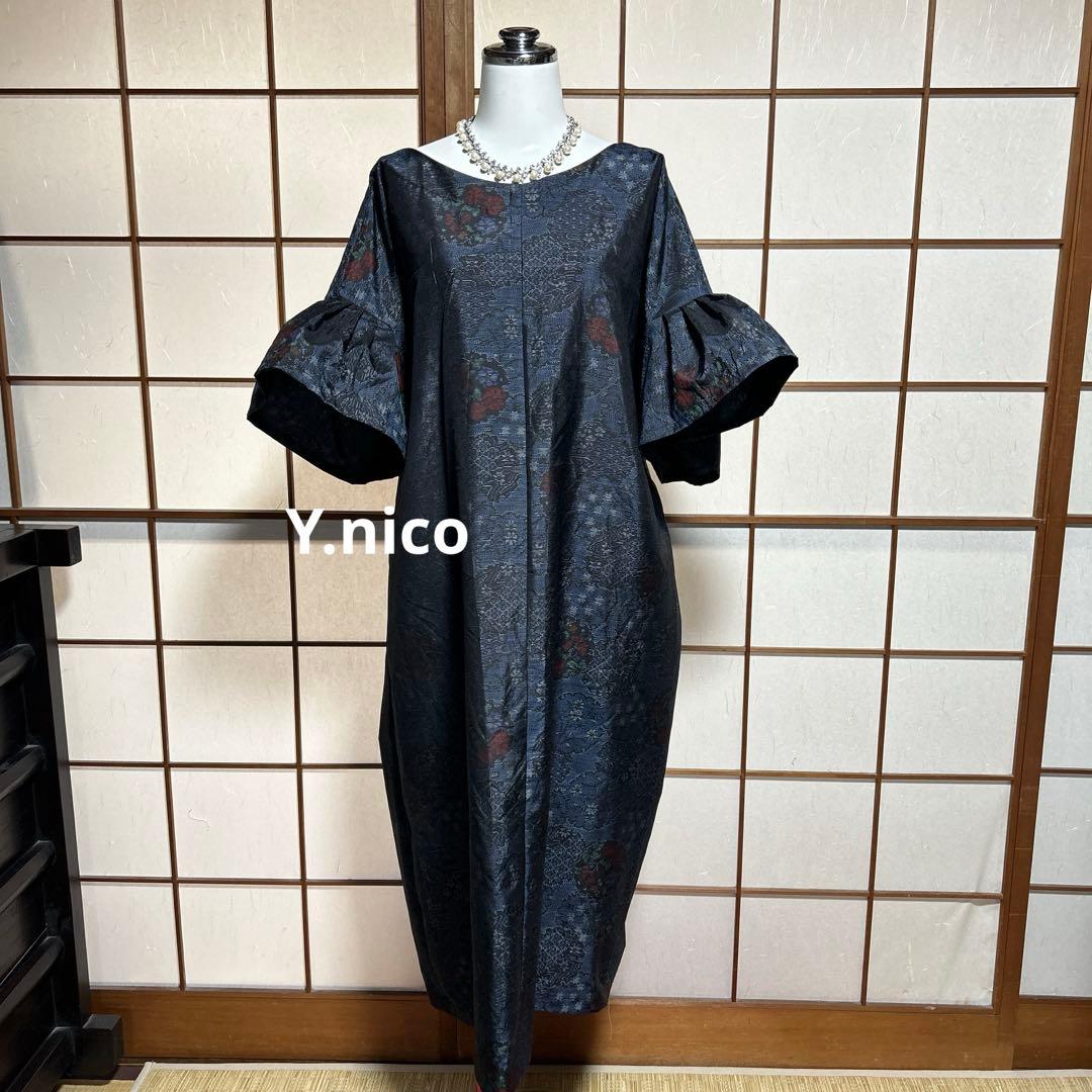 LL 着物リメイク 正絹 紺大島紬 フリル袖ゆったりワンピース
