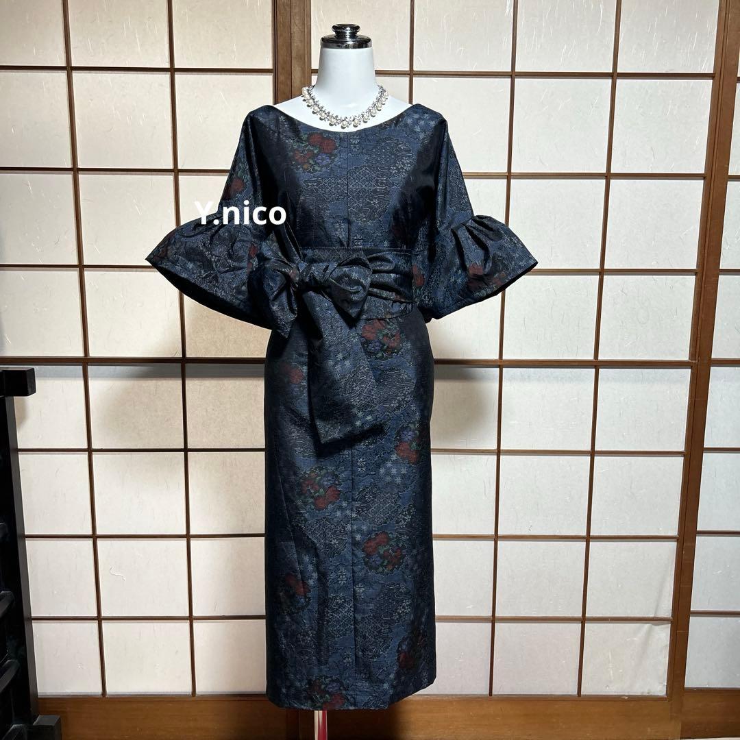 LL 着物リメイク 正絹 紺大島紬 フリル袖ゆったりワンピース