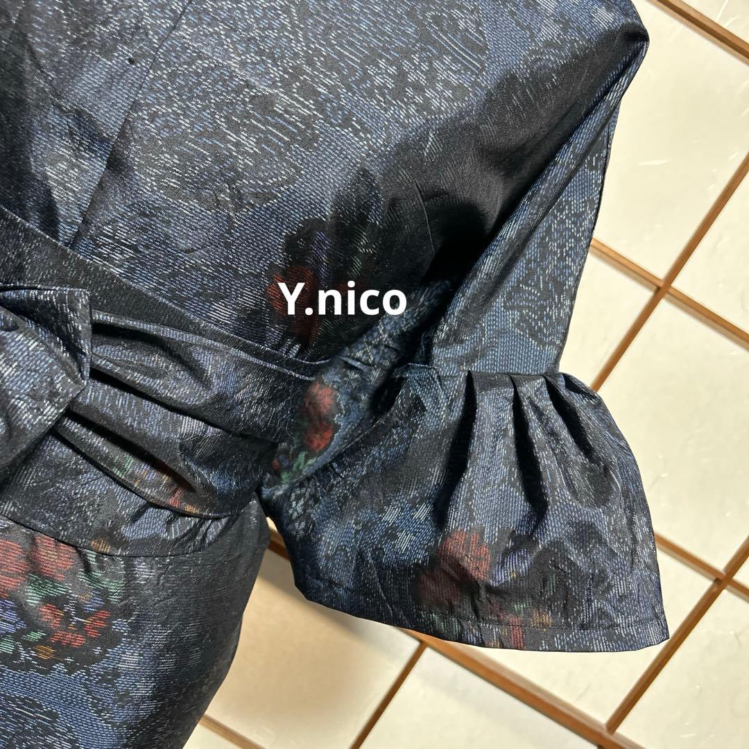 LL 着物リメイク 正絹 紺大島紬 フリル袖ゆったりワンピース