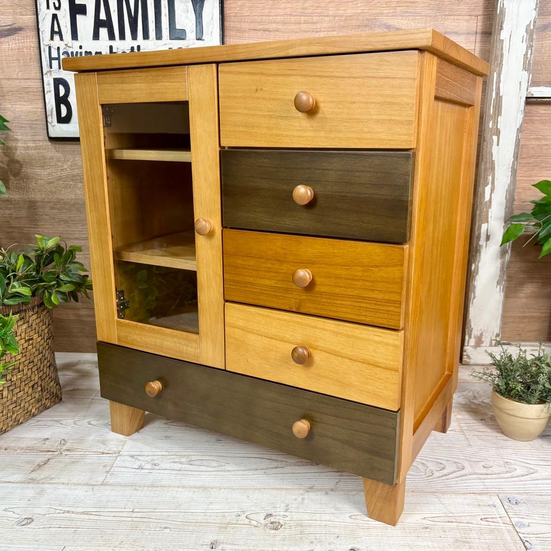 訳あり品【111】ナチュラルウッド桐材天然無垢ガラスキャビネット収納家具チェスト