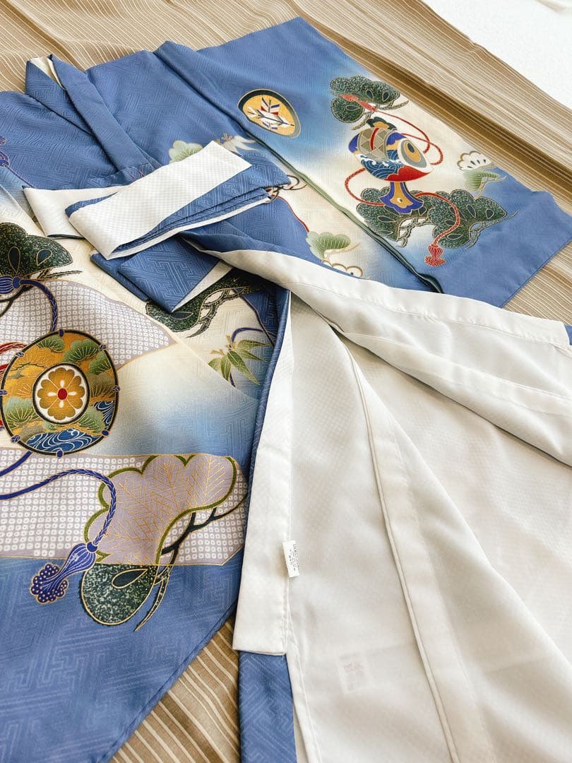 【おシゲ】お宮参り　産着　男の子　水色　鷹模様 着物　初着