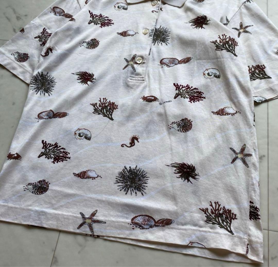 HERMES エルメス　ポロシャツ　貝　ヒトデ　海　柄　半袖　綿　コットン　白