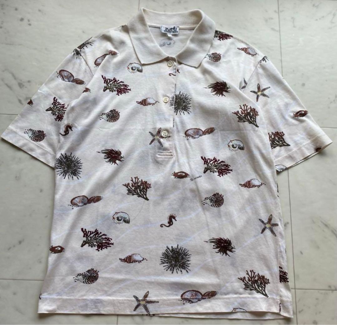 HERMES エルメス　ポロシャツ　貝　ヒトデ　海　柄　半袖　綿　コットン　白