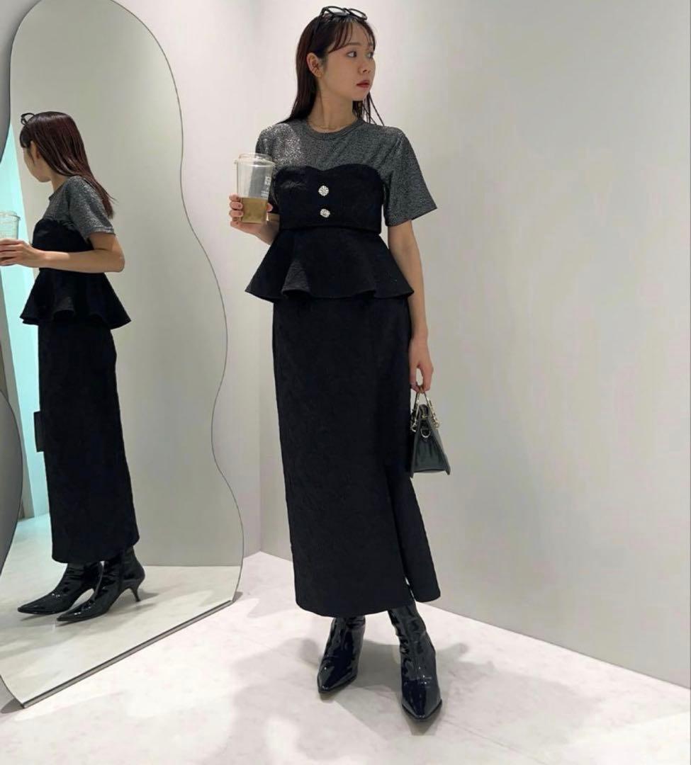 Leja ドレス スパンコール 刺繍 ビジューボタン フレアスリーブ グレー M