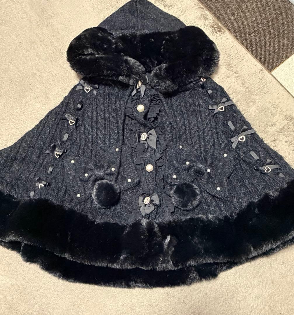 LIZLISA リズリサポンポンリボンニットファーポンチョブラック 黒