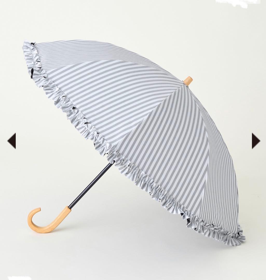【新品】サンバリア100 折りたたみ日傘、グレー　２段折 フリル / ストライプ