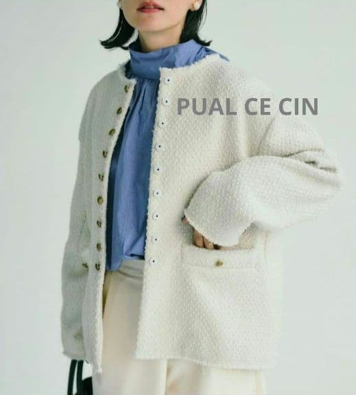 PUAL CE CIN リングツイードノーカラージャケット