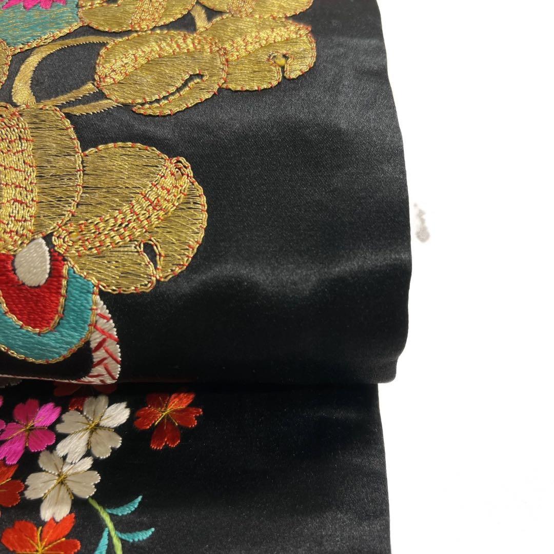 アンティーク　開き名古屋帯　刺繍　打ち出の小槌　鈴　花模様　着物　103a d