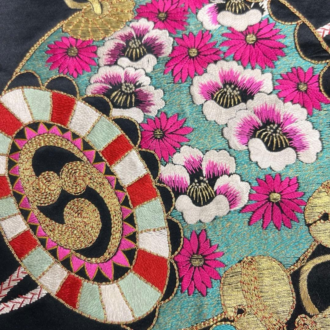 アンティーク　開き名古屋帯　刺繍　打ち出の小槌　鈴　花模様　着物　103a d