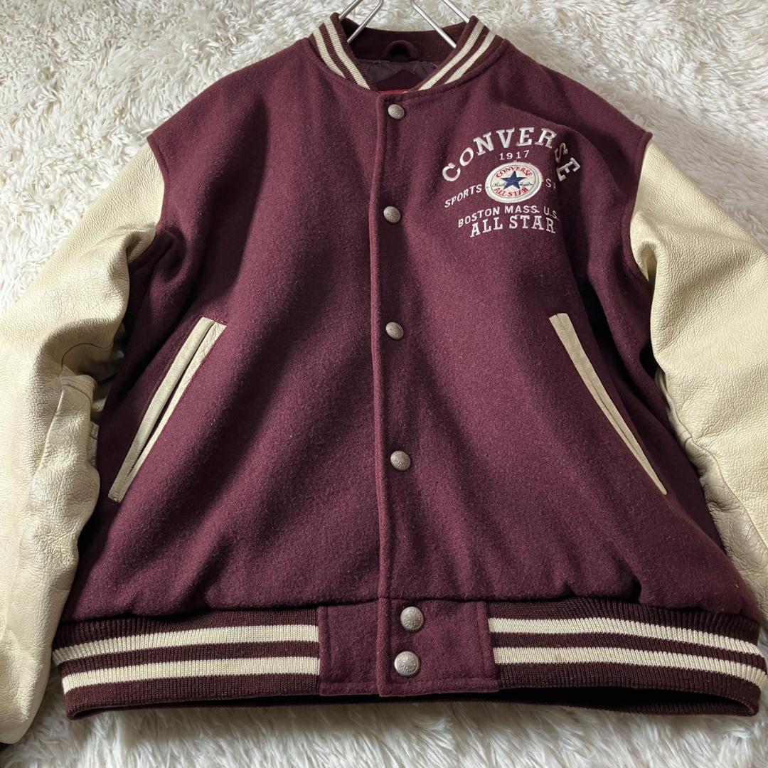 美品 90s コンバース オールスター スタジャン 袖レザー 牛革 ワイン L