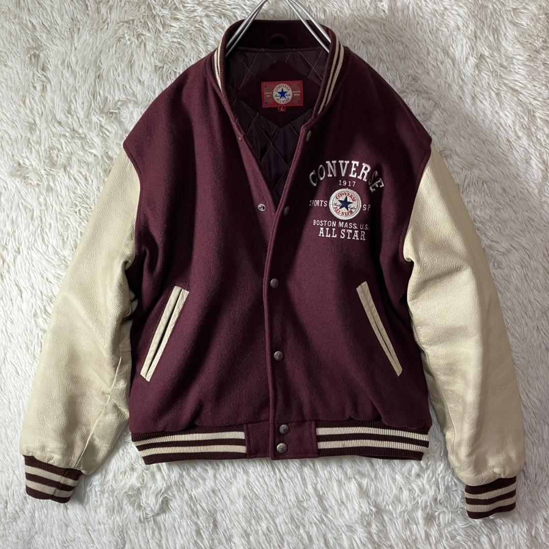 美品 90s コンバース オールスター スタジャン 袖レザー 牛革 ワイン L