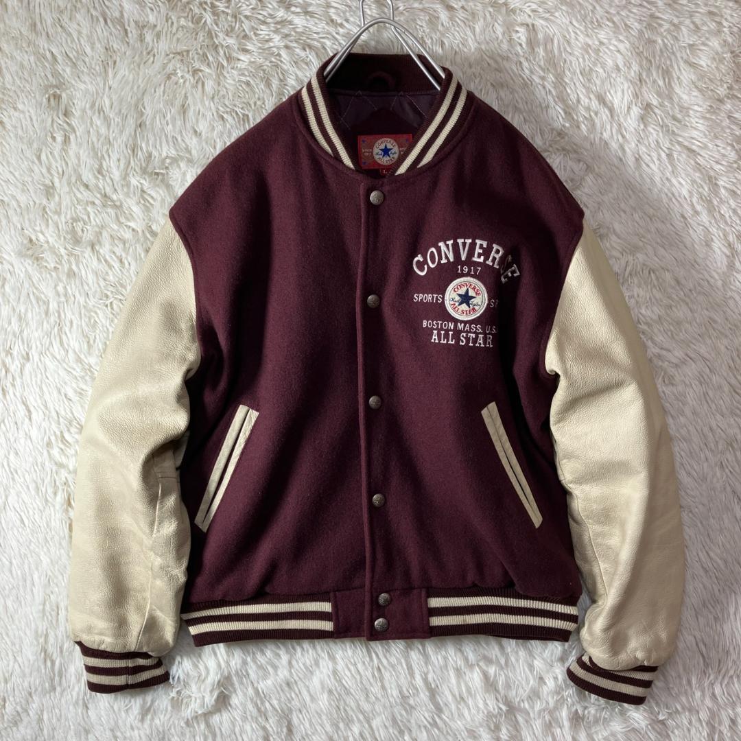 美品 90s コンバース オールスター スタジャン 袖レザー 牛革 ワイン L