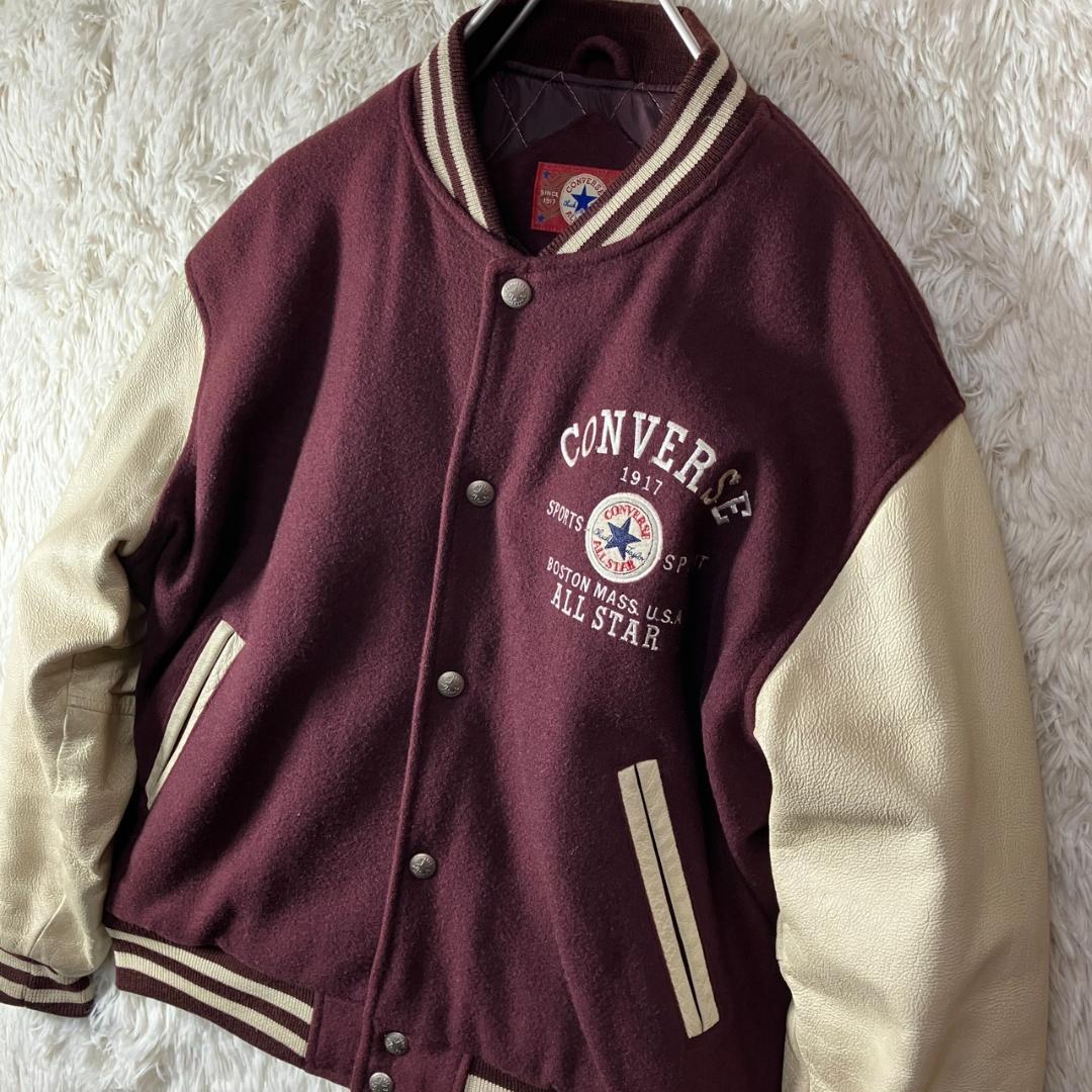 美品 90s コンバース オールスター スタジャン 袖レザー 牛革 ワイン L