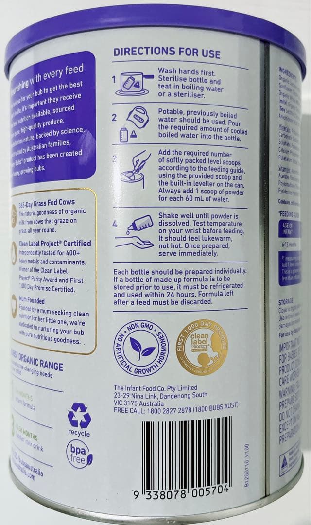 Bubs Organic grass fed 2、6-12ヶ月、800gx4缶