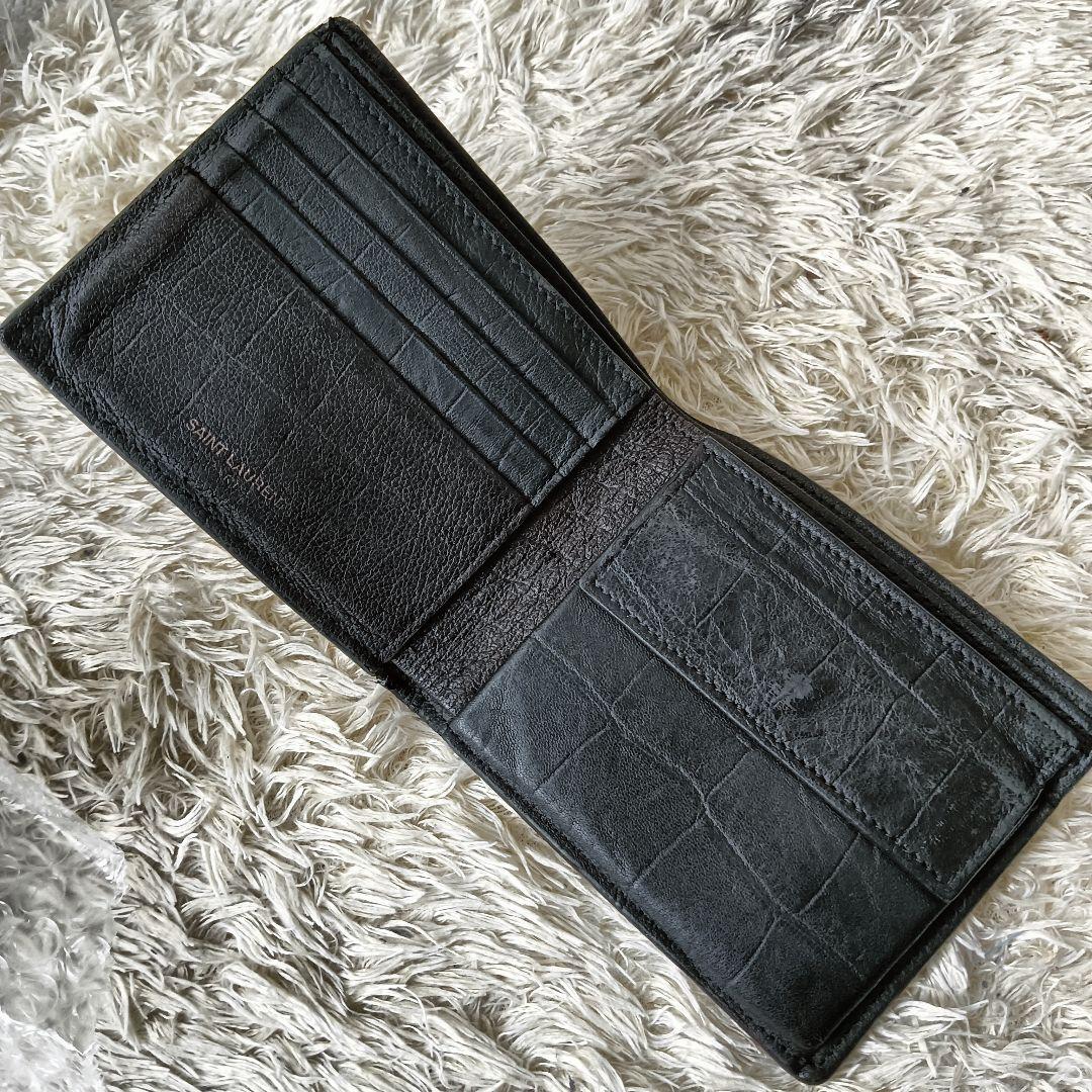 サンローラン　折り財布　小銭入れ　YSLロゴ　クロコ型押し　黒　ウォレット