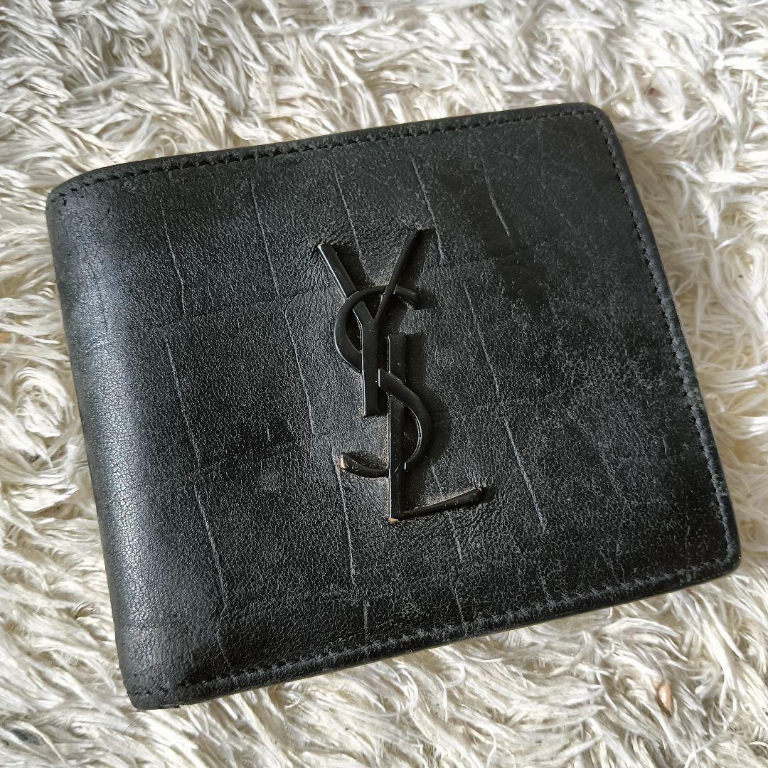 サンローラン　折り財布　小銭入れ　YSLロゴ　クロコ型押し　黒　ウォレット