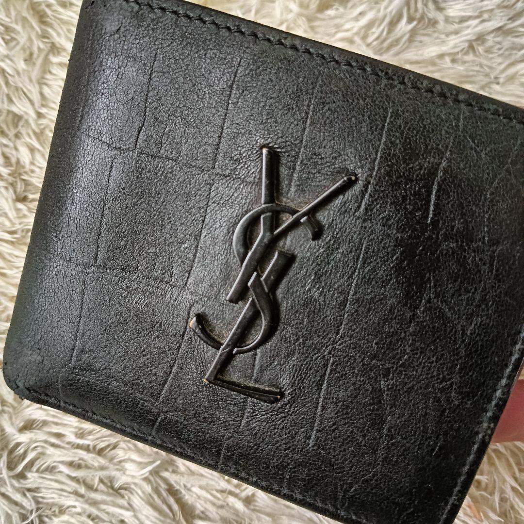 サンローラン　折り財布　小銭入れ　YSLロゴ　クロコ型押し　黒　ウォレット