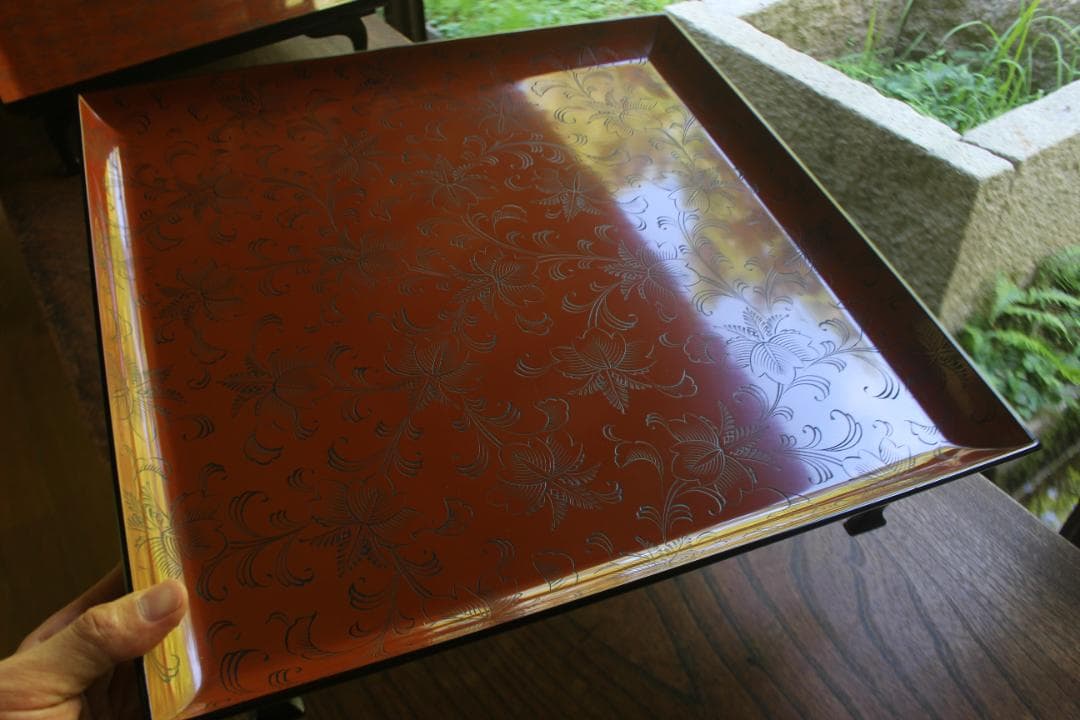 デッドストック！前大峰作！極上沈黒草文の脚付四方膳3点（検輪島塗お膳お盆茶道具