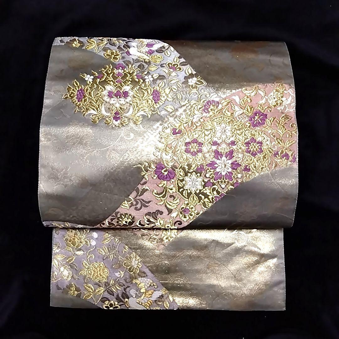 風神雷神 付け下げ 付下げ 地紋 袋帯 セット　じゅらく 帝王紫 辛子色