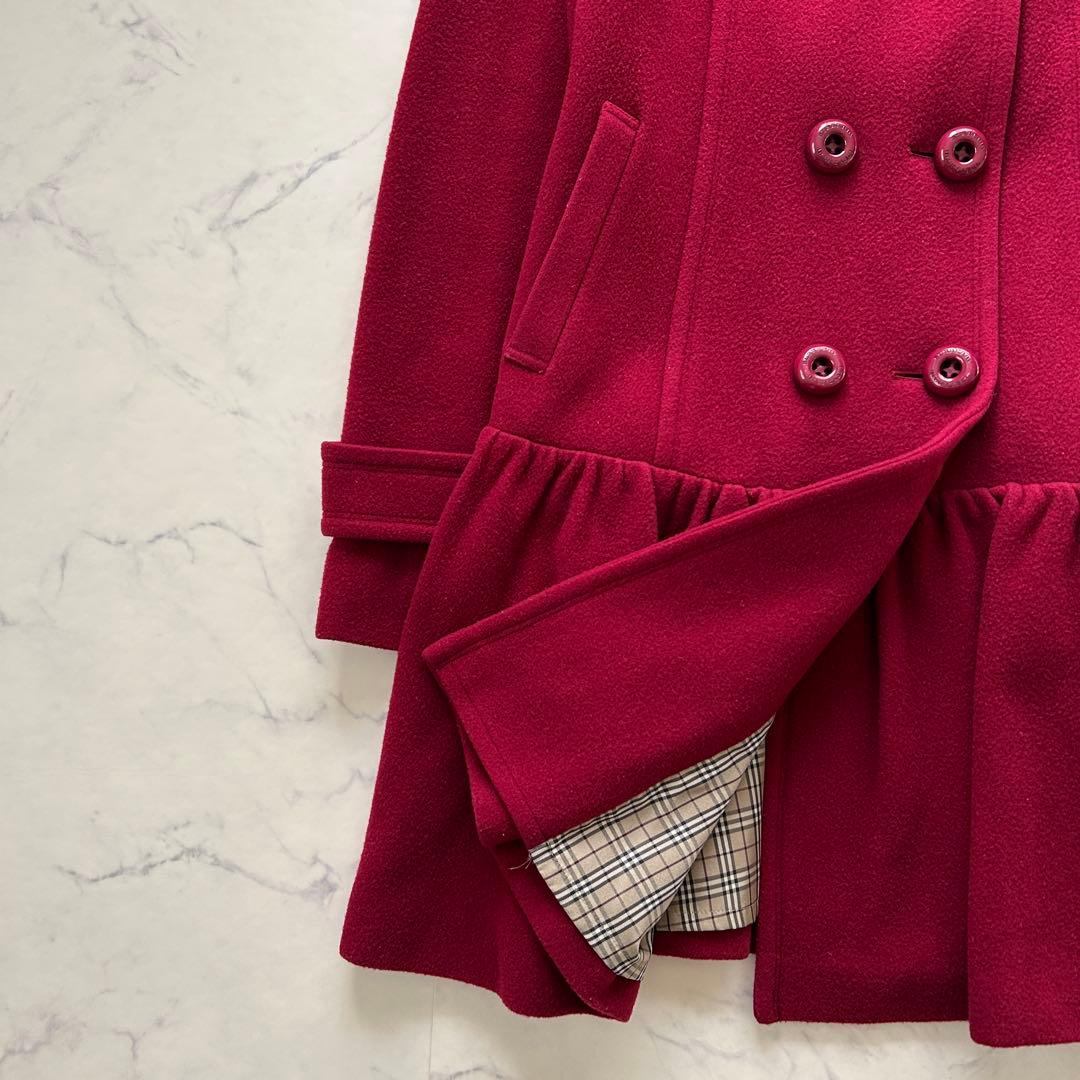 バーバリーブルーレーベル ボルドー ノーカラー コート ダブル ノバチェック