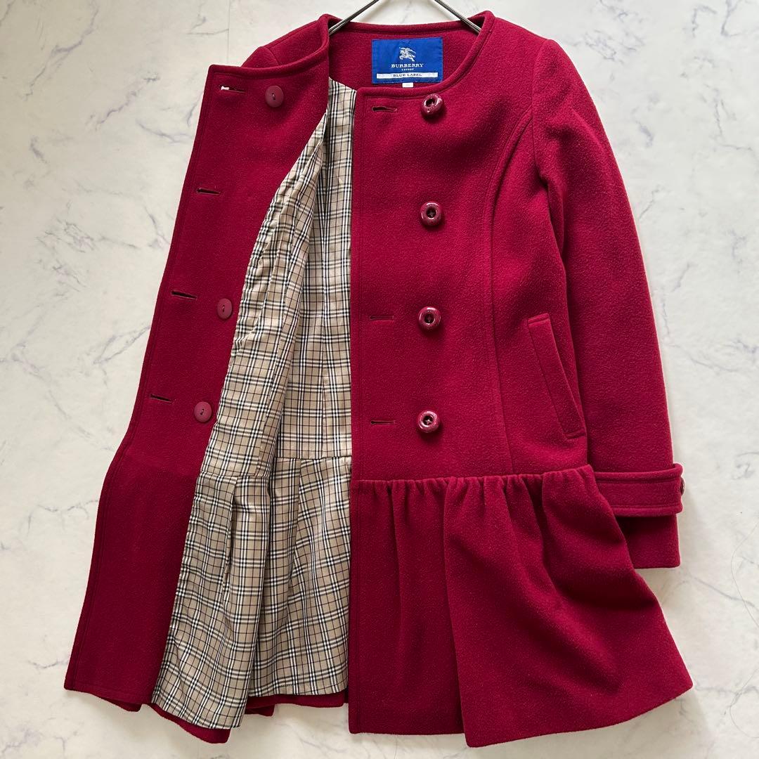 バーバリーブルーレーベル ボルドー ノーカラー コート ダブル ノバチェック