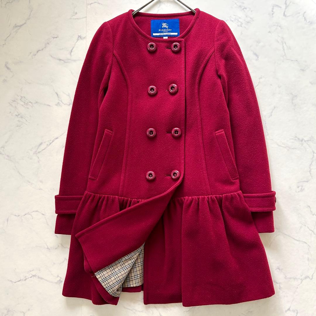 バーバリーブルーレーベル ボルドー ノーカラー コート ダブル ノバチェック