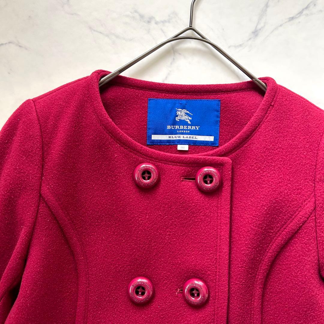 バーバリーブルーレーベル ボルドー ノーカラー コート ダブル ノバチェック