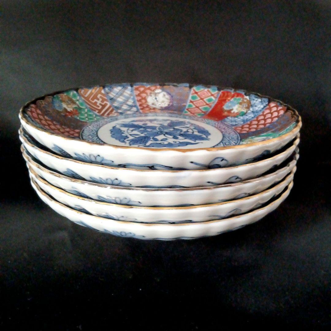 美濃焼　龍峯窯　輪花　古伊万里　金彩祥瑞花丸紋　中皿 19cm 5枚