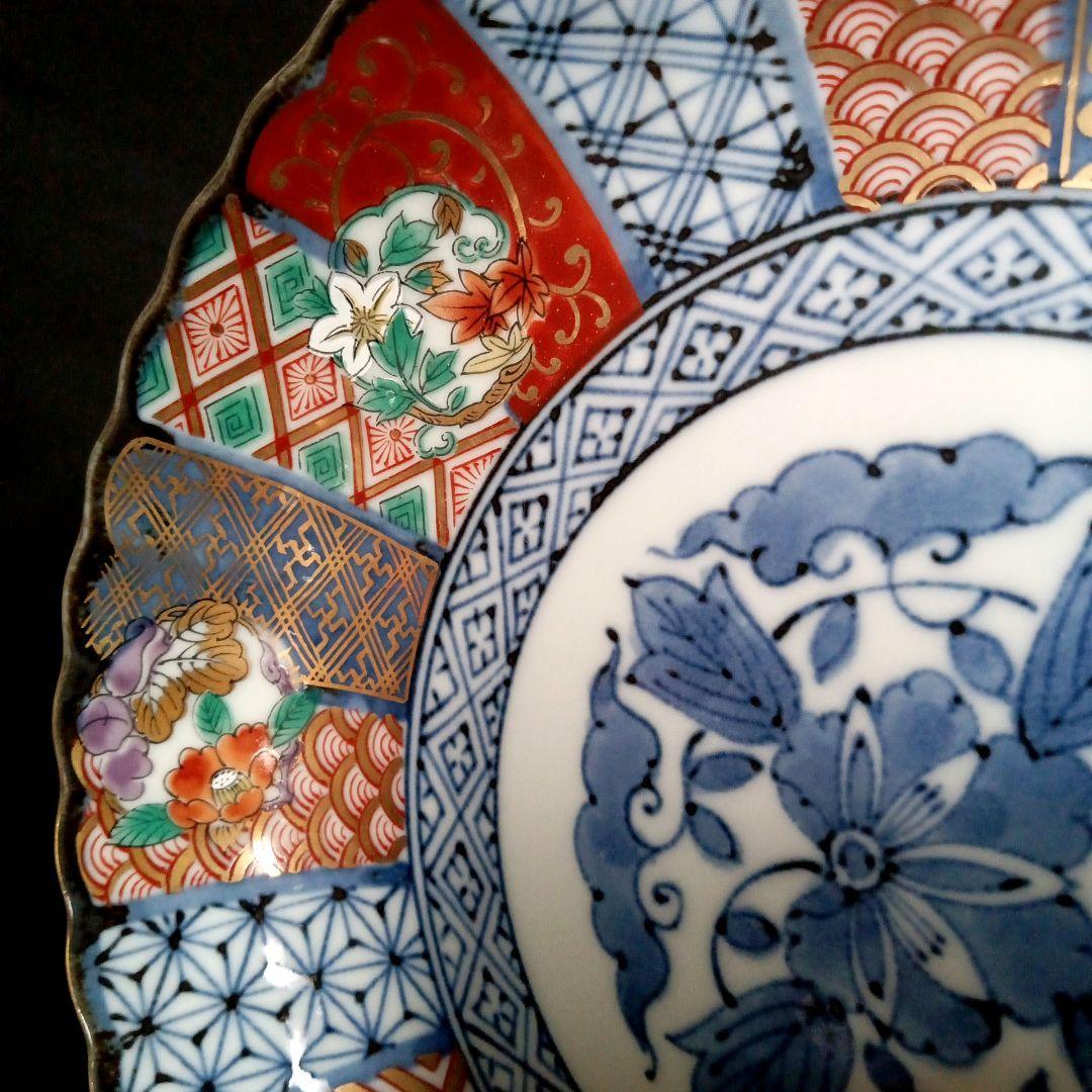 美濃焼　龍峯窯　輪花　古伊万里　金彩祥瑞花丸紋　中皿 19cm 5枚