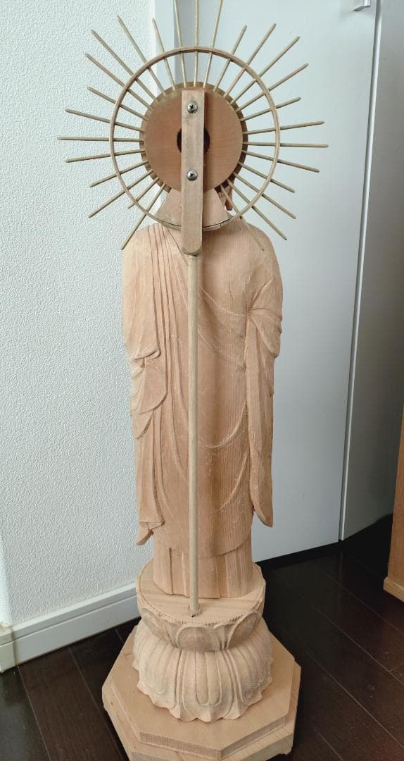 阿弥陀如来像　木彫り　八角台座付　放射光背付　80cm 立像　専用木箱付